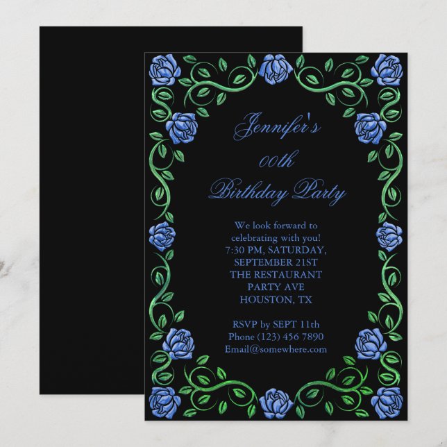 Invitation Belle fête d'anniversaire encadrée de rose bleue e (Devant / Derrière)