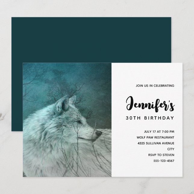 Invitation Belle fête d'anniversaire Loup Gris dans une forêt (Devant / Derrière)