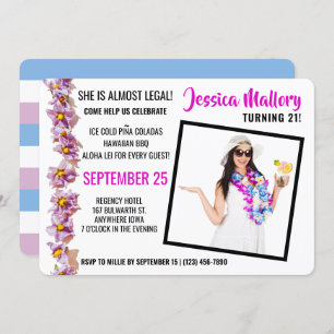 Invitation Belle fête d'anniversaire rose et bleu Aloha