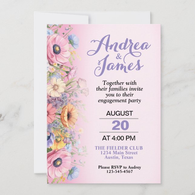 Invitation Belle fête de fiançailles aux fleurs pastel (Devant)