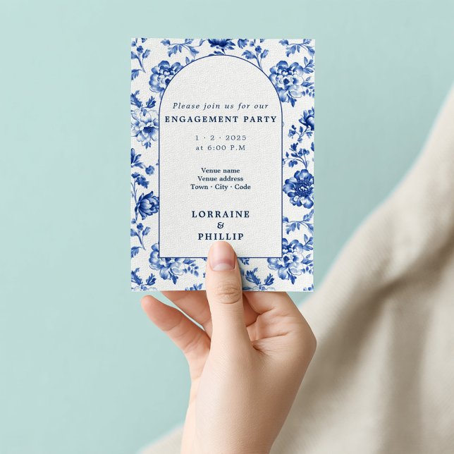 Invitation Belle fête de fiançailles florales en arche (Delftware arch, blue and white engagement invitation)
