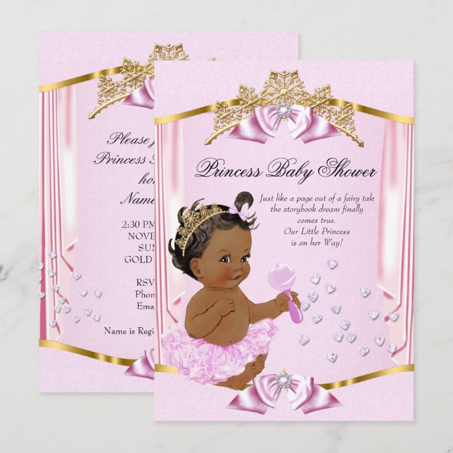 Invitation Belle Fête de Naissance de Princesse Rose Or Ethni (Devant / Derrière)