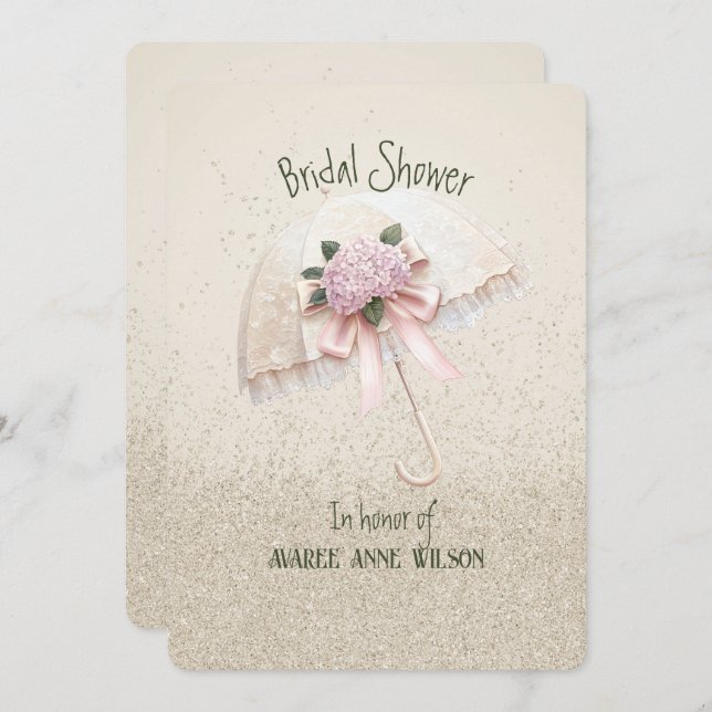 Invitation Belle Fête des mariées crème et parapluie rose (Devant / Derrière)