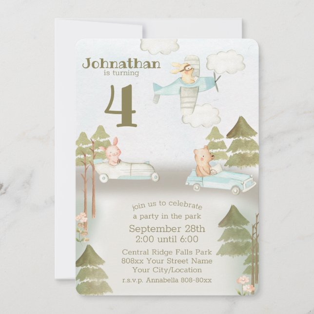 Invitation Belle fête des voitures et des animaux d'avion dan (Devant)