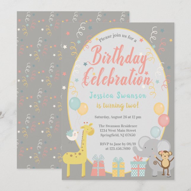 Invitation Belle fête Zoo Animaux Anniversaire Célébration ro (Devant / Derrière)