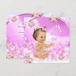 Invitation Belle Fille Baby Shower Papillon Rose Brunette LT
