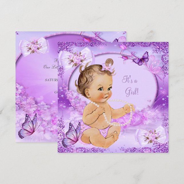 Invitation Belle Fille Baby Shower Papillon Violet Brunette (Devant / Derrière)