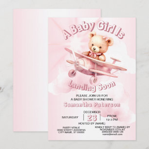 Invitation Belle fille Bébé Ours Pilote Avion Rose Belle