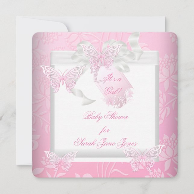 Invitation Belle Fille de Fête de Naissance Rose Papillon Bla (Devant)