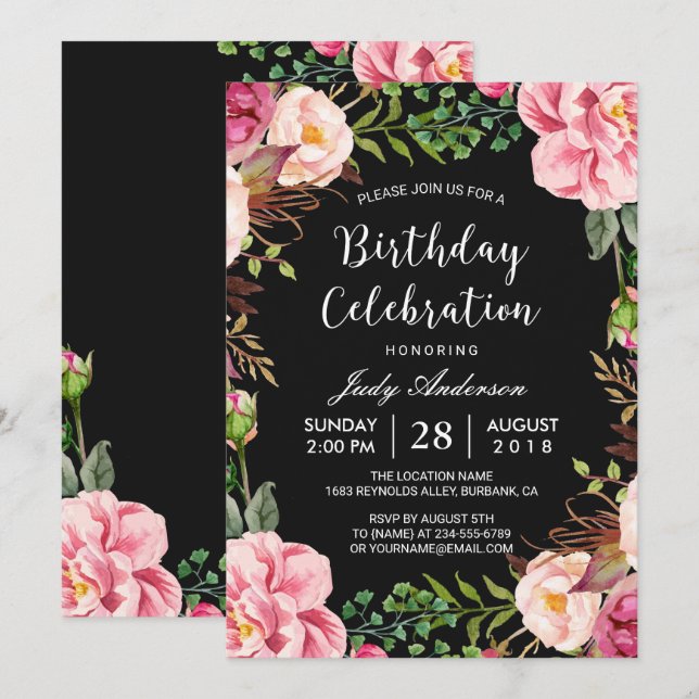 Invitation Belle Fille de fleurs rose Fille fête d'anniversai (Devant / Derrière)