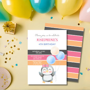 Invitation Belle fille en ballons de pingouin doux Anniversai