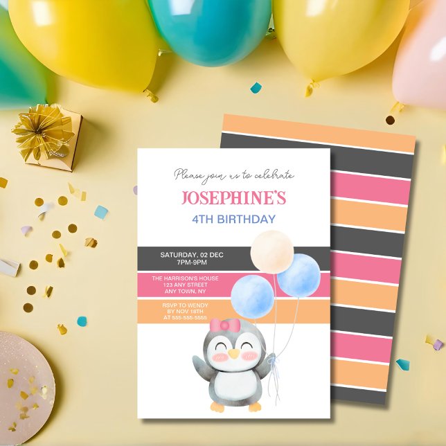 Invitation Belle fille en ballons de pingouin doux Anniversai (Créateur téléchargé)