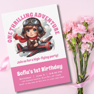Invitation Belle Fille Pilote Avion, Fille Rose Anniversaire