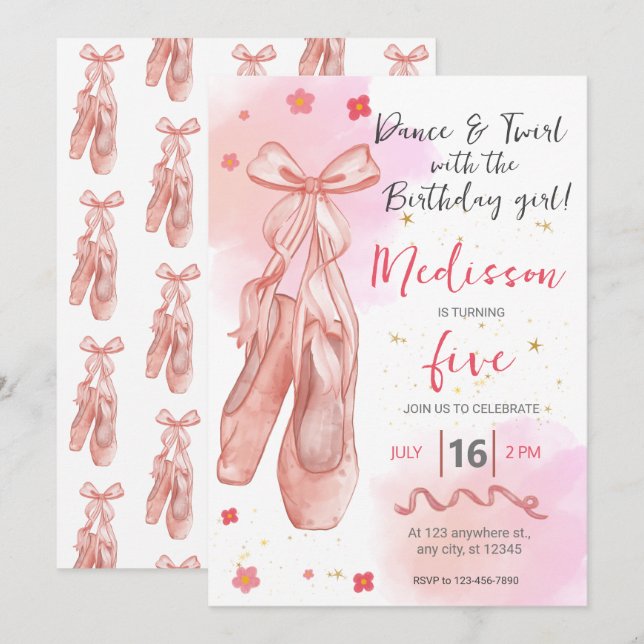 Invitation Belle fille rose fête d'anniversaire (Devant / Derrière)