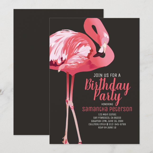 Invitation Belle Flamant rose Tropical Anniversaire Invitatio (Devant / Derrière)