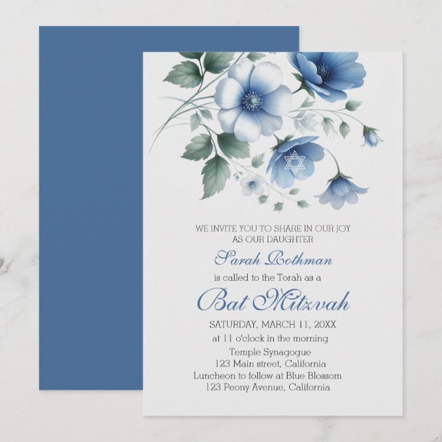 Invitation Belle Fleur Bleue Fille Bat Mitzvah (Devant / Derrière)