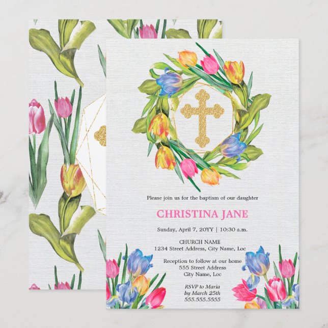 Invitation Belle Fleur de Baptême (Devant / Derrière)