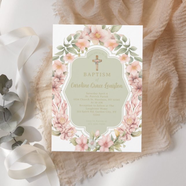 Invitation Belle Fleur Rose Baptême catholique (Créateur téléchargé)