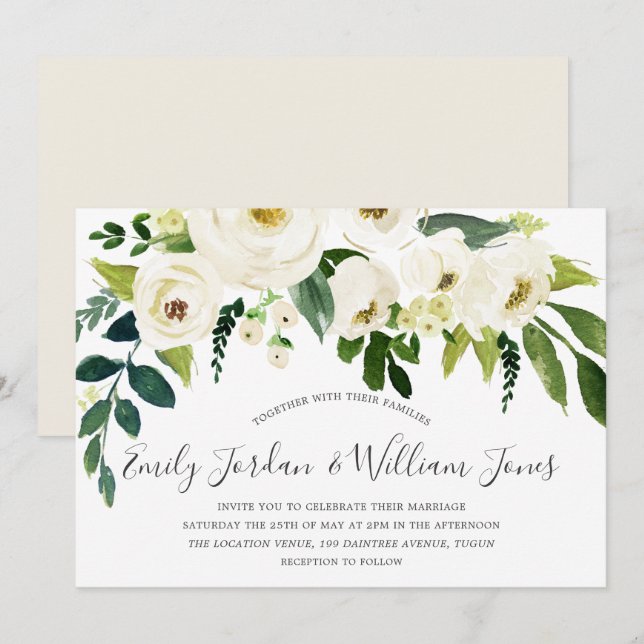 Invitation Belle Fleurs Blanches Crème Mariage élégant (Devant / Derrière)