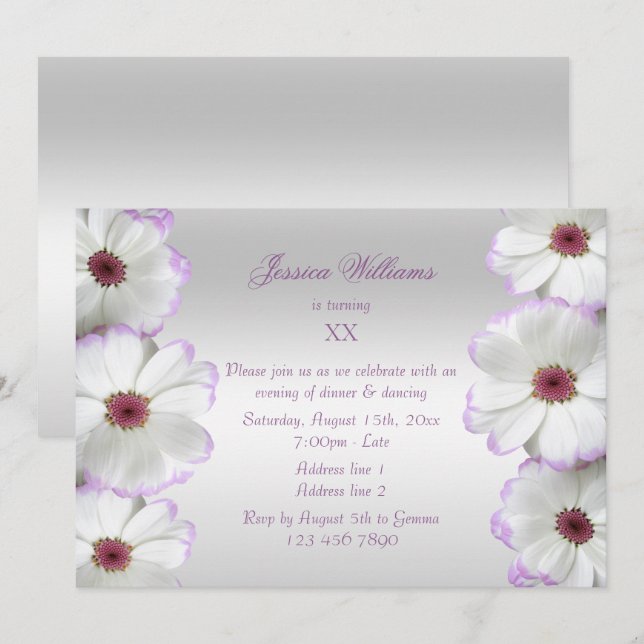 Invitation Belle Fleurs Blanches et Lilas Anniversaire (Devant / Derrière)