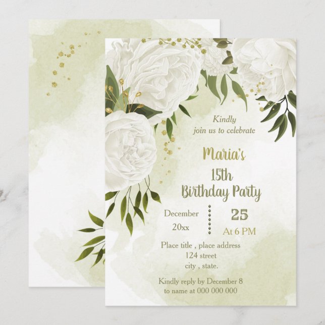 Invitation belle fleurs blanches verdure fête d'anniversaire (Devant / Derrière)