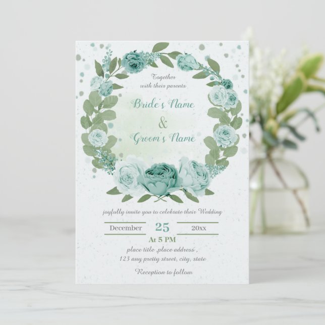 Invitation belle fleurs bleues verdure couronne mariage (Debout devant)
