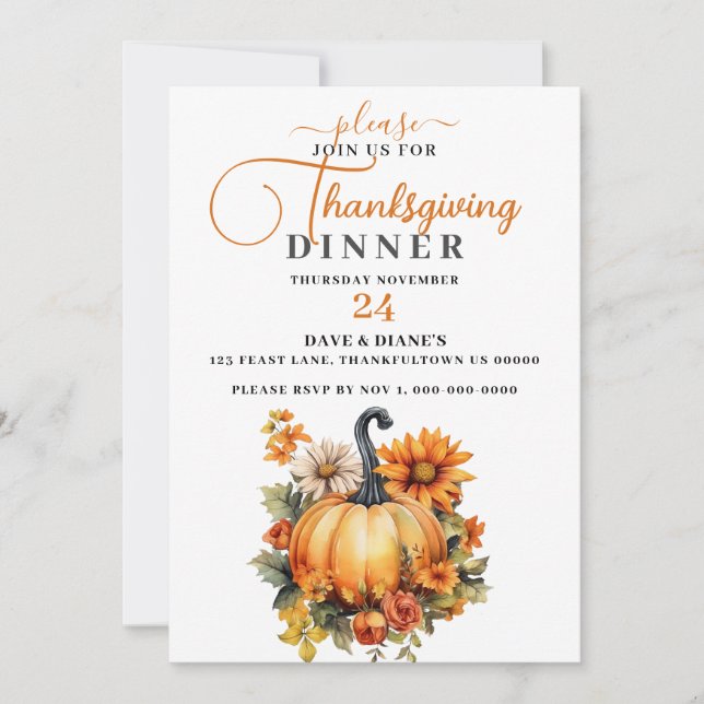 Invitation Belle Fleurs Citrouille et Automne Thanksgiving (Devant)