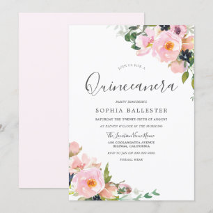 Invitation Belle Fleurs Roses Bleues Quinceanera Party