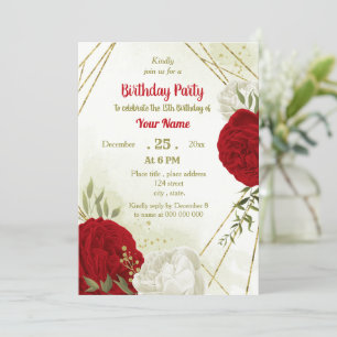 Invitation Belle fleurs rouges vert feuilles anniversaire