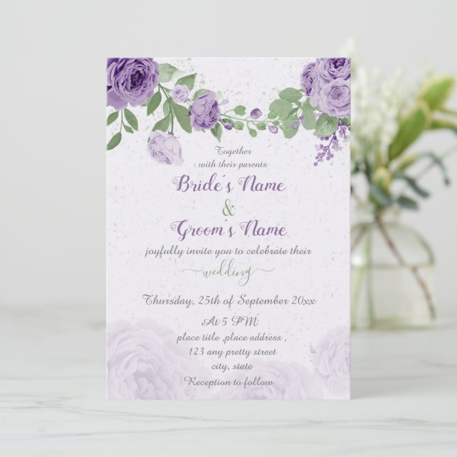 Invitation belle fleurs violettes vert feuille mariage (Debout devant)