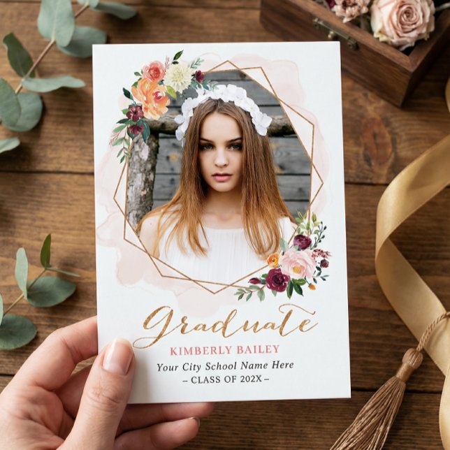 Invitation Belle Floral Gold Frame Photo Graduation Party (Créateur téléchargé)