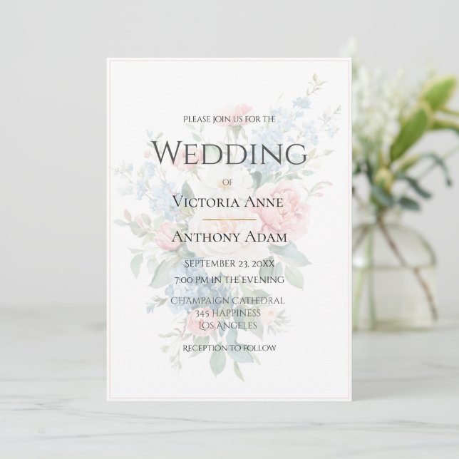 Invitation Belle Floral Neutre Élégant Mariage (Debout devant)