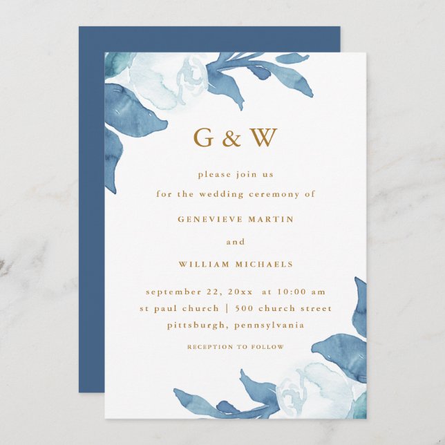 Invitation Belle Florale Bleue avec Monogrammes couleur or (Devant / Derrière)