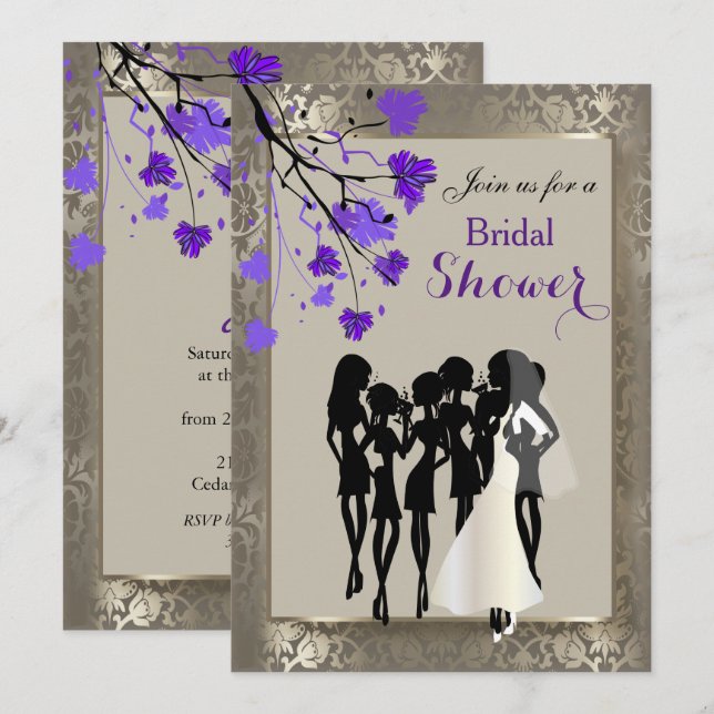 Invitation Belle Florale violette et Damas d'argent antique (Devant / Derrière)