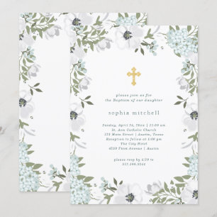 Invitation Belle flore grise et blanche  Baptême