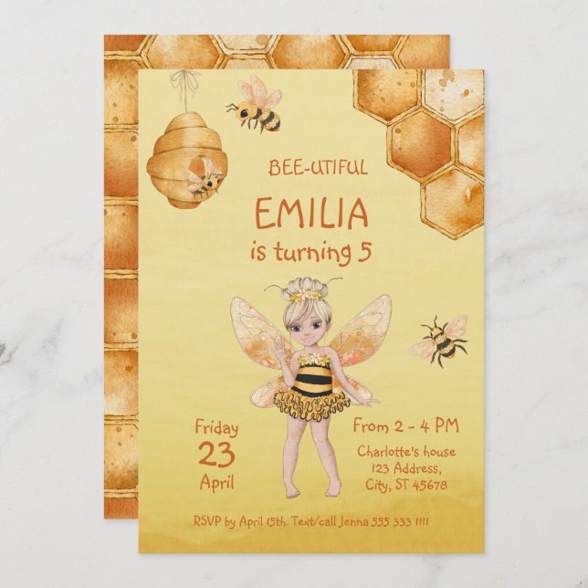 Invitation Belle Girly Honey Bee 5e fête d'anniversaire (Devant / Derrière)