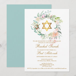 Invitation Belle guirlande florale aquarelle pour Bat Mitzvah