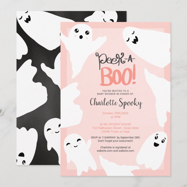 Invitation Belle Halloween fantômes baby shower rose (Devant / Derrière)