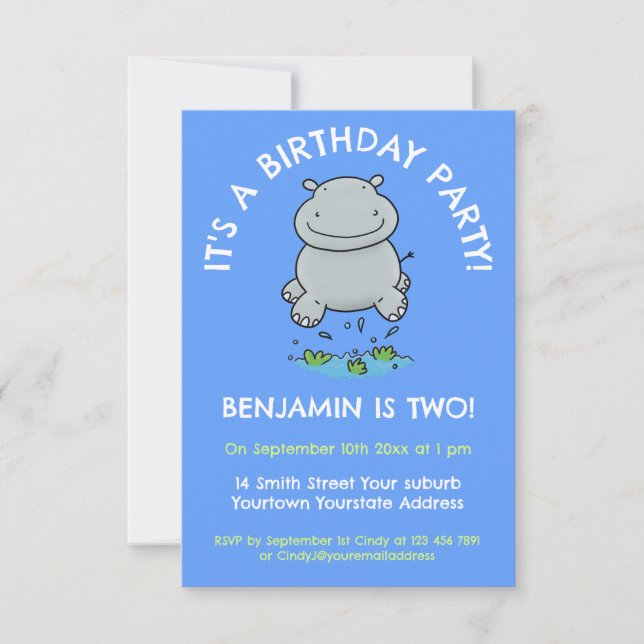 Invitation Belle hippo saut de bébé dessin animé anniversaire (Devant)