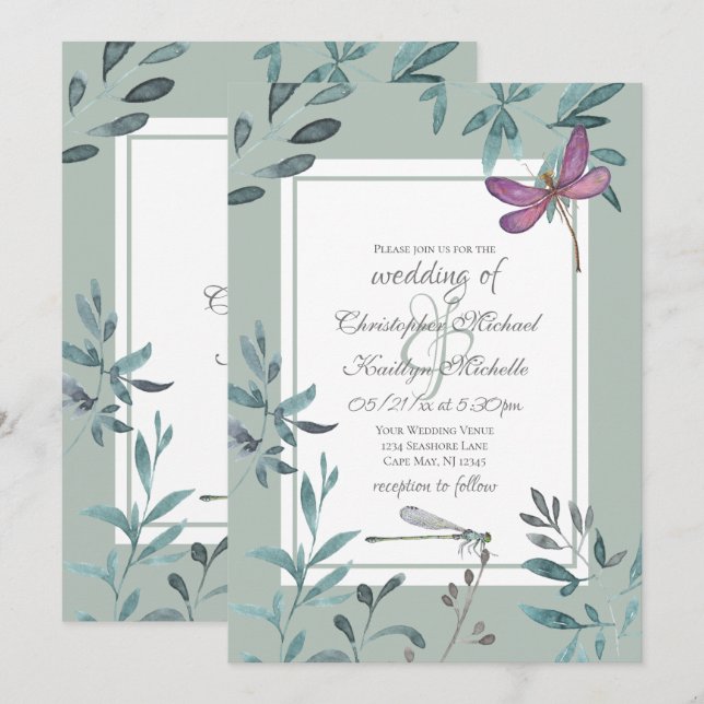 Invitation Belle libellule et jardin Mariage de verdure (Devant / Derrière)