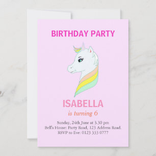 Invitation Belle licorne sur rose pâle 6ème anniversaire fête