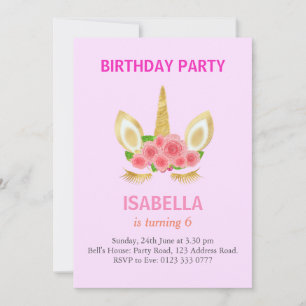 Invitation Belle licorne sur rose pâle 6ème anniversaire fête