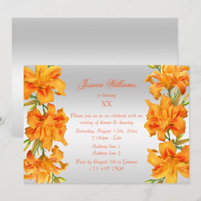 Invitation Belle Lys Orange Floral Anniversaire (Devant / Derrière)