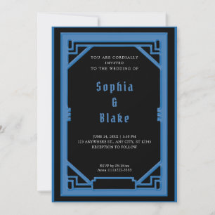 Invitation Belle Mariage de style Art déco noir et bleu