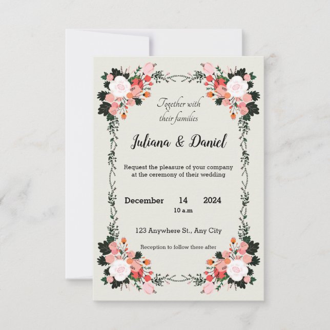 Invitation Belle mariage florale rose et blanc (Devant)