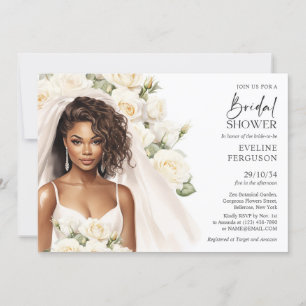 Invitation Belle mariée afro-américaine blanche roses boho