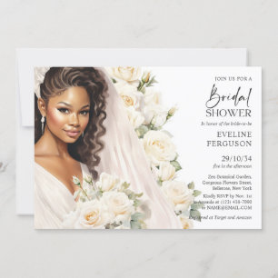Invitation Belle mariée afro-américaine blanche roses boho