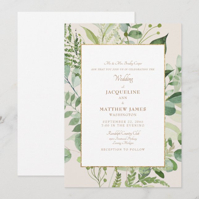 Invitation Belle Mariée Parents Vert feuillu Crème & Or (Devant / Derrière)