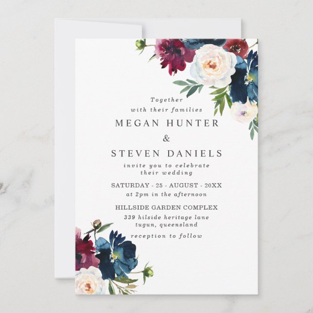 Invitation Belle Marine Burgundy Rouge Blush Floral Mariage (Devant)