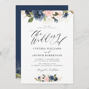 Invitation belle marine de script et mariage rose roux